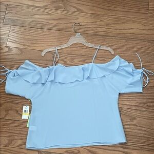CeCe Light Blue Off-Shoulder Ruffle Crop Top